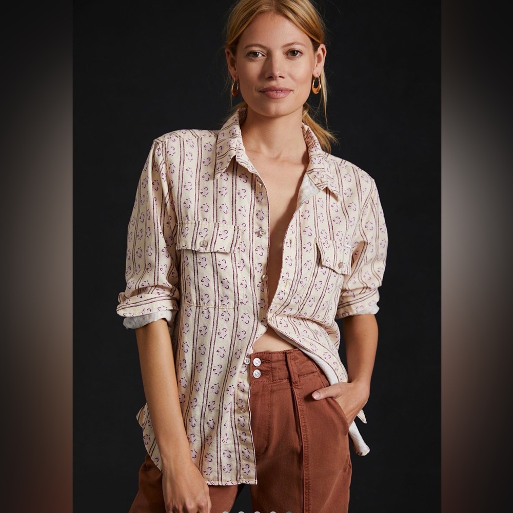 MOTHER The Frenchie Button Down Shirt S Cotton Linen Lyocell Western Print